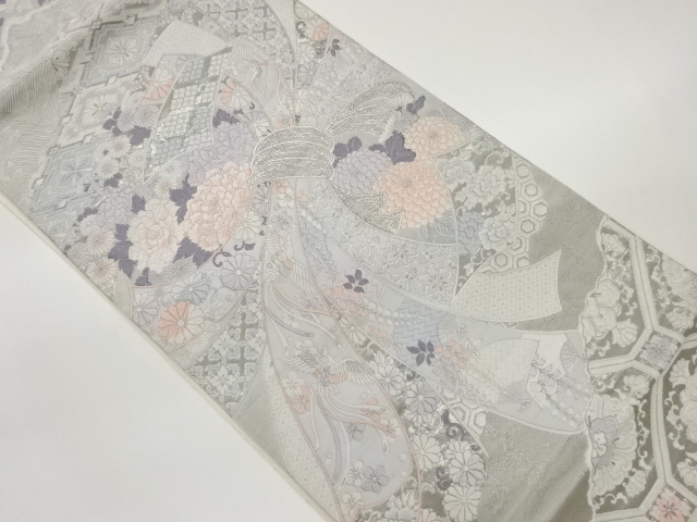 JAPANESE FUKURO OBI / PLATINUM FOIL / WOVEN FLOWERS